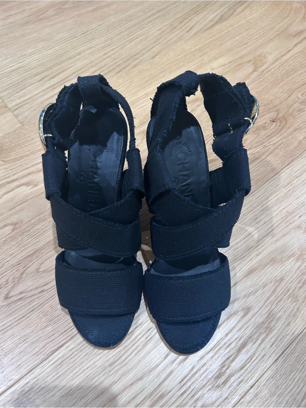 CHANEL Black Canvas Strappy Slingback Heels with Gold Buckle